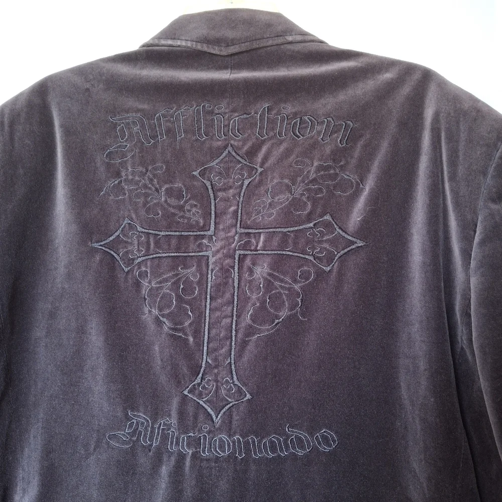 Affliction Red Label Black Velvet Graphic  Cross Blazer Men Size XL 48-50 - Picture 5 of 12